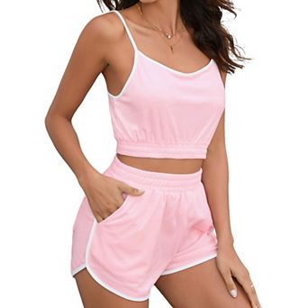 Women's Two Piece Outfit Casual Spaghetti Strap Crop Top and Shorts Loungewear Set