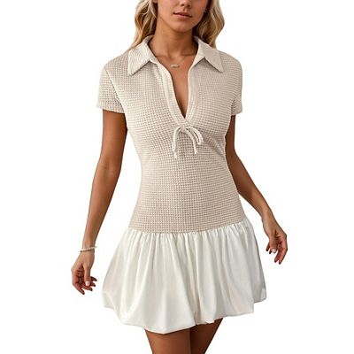 Casual Polo Collar Bowknot Contrast Dress for Women, Knit & Satin Short Sleeve Midi Dress Apricot M