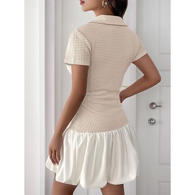 Women's Knit Polo Dress Bow Lapel V-Neck Waffle Texture Bud Hem Swing Mini Casual Dress