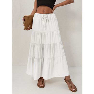 Women's High Waist Tiered Ruffle Pleated A-line Flowy Swing Ultra-Long Boho Skirt
