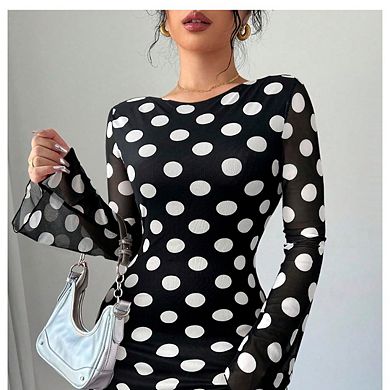 Women's Vintage Polka Mesh Dress Bell Long Sleeve Backless Retro Mini Dresses