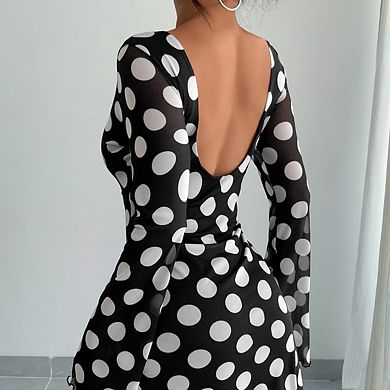 Women's Vintage Polka Mesh Dress Bell Long Sleeve Backless Retro Mini Dresses