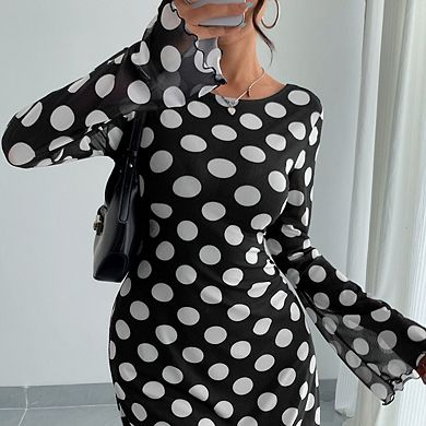 Women's Vintage Polka Mesh Dress Bell Long Sleeve Backless Retro Mini Dresses