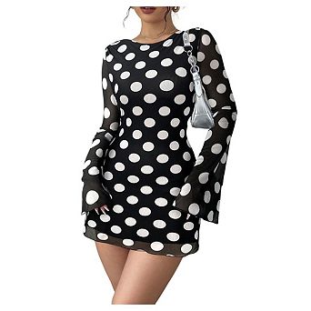 Women's Vintage Polka Mesh Dress Bell Long Sleeve Backless Retro Mini Dresses