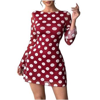 Women's Vintage Polka Mesh Dress Bell Long Sleeve Backless Retro Mini Dresses