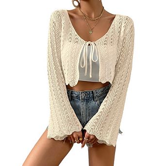 Women's Lightweight Cardigan Lace-Up Long Lantern Sleeve Knit Cover-Up Open Front Sweater Cardigan