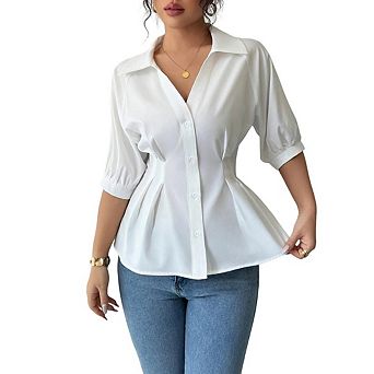 Women's Business Casual Tops Short Sleeve Button Down Shirts Dressy Smocked Peplum Blouses