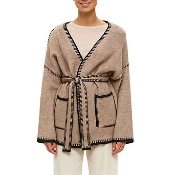 Women's Oversized Casual Cardigan Long Sleeve Color-Block Sweater Tie Waist with Front Pockets