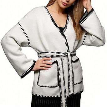 Women's Oversized Casual Cardigan Long Sleeve Color-Block Sweater Tie Waist with Front Pockets
