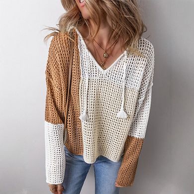 Women's Crochet Pullover Sweaters Fashion Long Sleeve Hollow Out Knit Sweater Tops