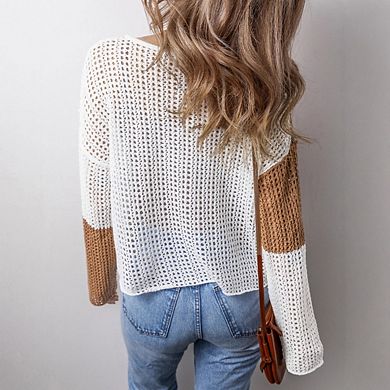 Women's Crochet Pullover Sweaters Fashion Long Sleeve Hollow Out Knit Sweater Tops