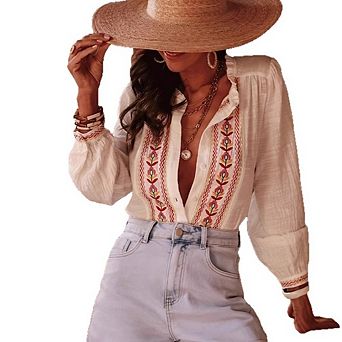 Women's Boho Shirt Long Sleeve Vintage Floral Embroidery Button Down Blouse Dressy Top for Vacation