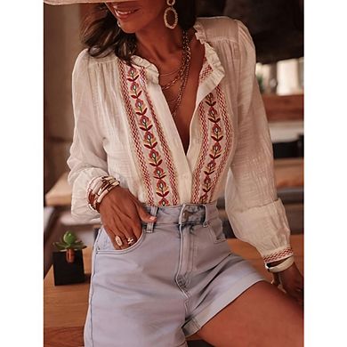 Women's Boho Shirt Long Sleeve Vintage Floral Embroidery Button Down Blouse Dressy Top for Vacation