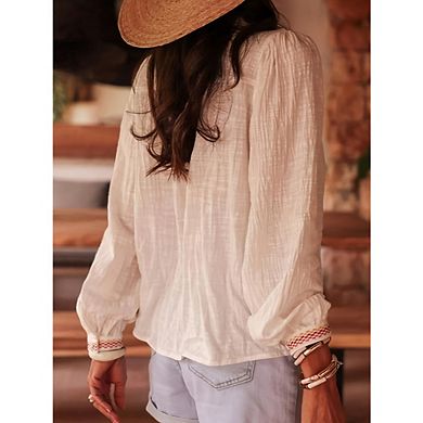 Women's Boho Shirt Long Sleeve Vintage Floral Embroidery Button Down Blouse Dressy Top for Vacation