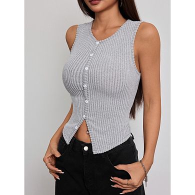 Women's Ribbed Sleeveless Button Front Sweater Vest Crew Neck Lightweight Casual Summer Top