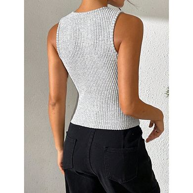 Women's Ribbed Sleeveless Button Front Sweater Vest Crew Neck Lightweight Casual Summer Top