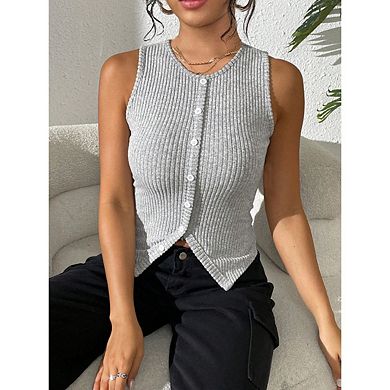 Women's Ribbed Sleeveless Button Front Sweater Vest Crew Neck Lightweight Casual Summer Top
