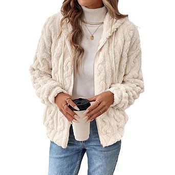 Women's Plush Hooded Coatigan Zip Up Jacket with Drawstring