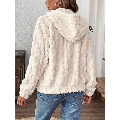 Women's Plush Hooded Coatigan Zip Up Jacket with Drawstring