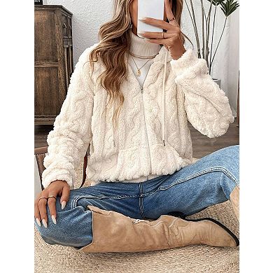 Women's Plush Hooded Coatigan Zip Up Jacket with Drawstring