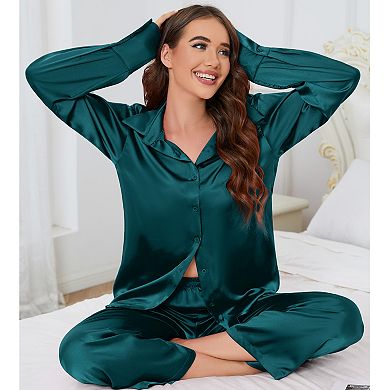 Women's Satin Long Sleeve Long Pants Pajama Set Casual Button Down Summer Fall Comfy Loungewear Set