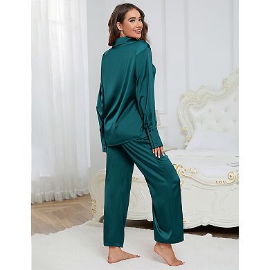 Women's Satin Long Sleeve Long Pants Pajama Set Casual Button Down Summer Fall Comfy Loungewear Set