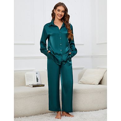 Women's Satin Long Sleeve Long Pants Pajama Set Casual Button Down Summer Fall Comfy Loungewear Set