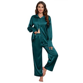 Women's Satin Long Sleeve Long Pants Pajama Set Casual Button Down Summer Fall Comfy Loungewear Set