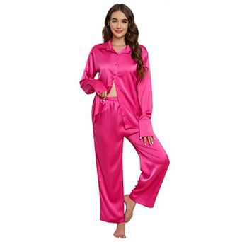 Women's Satin Long Sleeve Long Pants Pajama Set Casual Button Down Summer Fall Comfy Loungewear Set