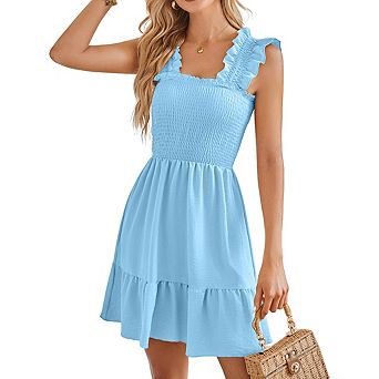 Women's Square Neck Sleeveless Smocked Mini Dress with Ruffled Trim