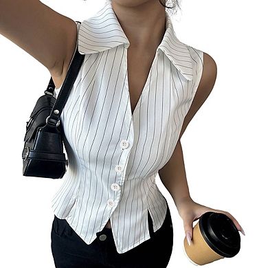 Women's Collared V Neck Sleeveless Striped Button Front Side Slit Casual Top