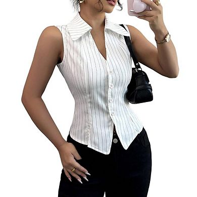 Women's Collared V Neck Sleeveless Striped Button Front Side Slit Casual Top