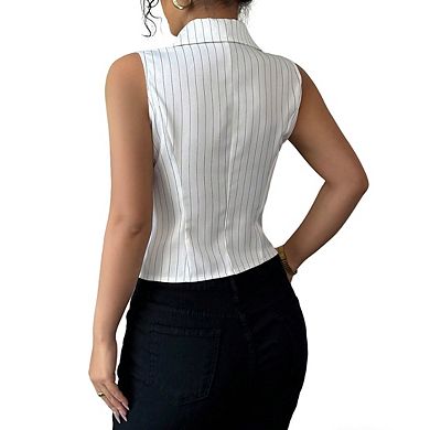 Women's Collared V Neck Sleeveless Striped Button Front Side Slit Casual Top