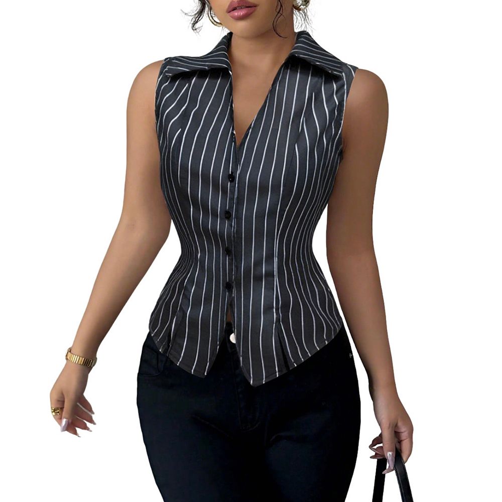 Women's Collared V Neck Sleeveless Striped Button Front Side Slit ...