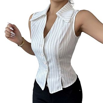 Women's Collared V Neck Sleeveless Striped Button Front Side Slit Casual Top