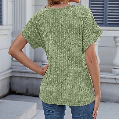 Women's Ribbed Knit T Shirt V Neck Short Sleeve Loose Fit Casual Top ...