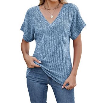 Women's Ribbed Knit T Shirt V Neck Short Sleeve Loose Fit Casual Top for Daily Wear
