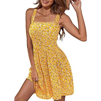 Women's Square Neck Sleeveless Floral Print Smocked Straps Mini Dress with Pockets