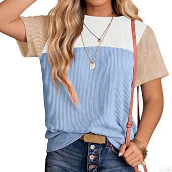 Women's Ribbed Knit T Shirt Color Block Short Sleeve Casual Crew Neck Top