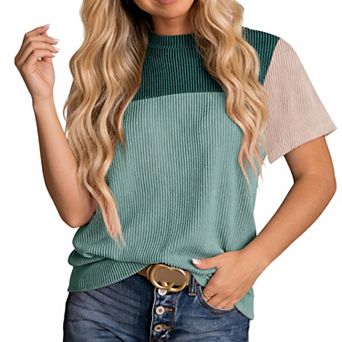 Women's Ribbed Knit T Shirt Color Block Short Sleeve Casual Crew Neck Top