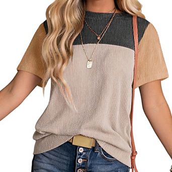 Women's Ribbed Knit T Shirt Color Block Short Sleeve Casual Crew Neck Top