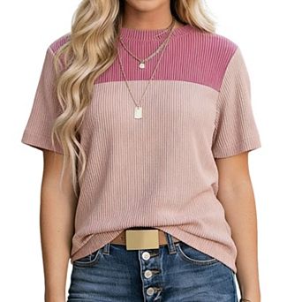 Women's Ribbed Knit T Shirt Color Block Short Sleeve Casual Crew Neck Top