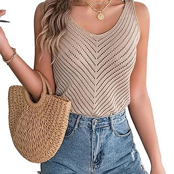 Women's V Neck Sleeveless Tank Tops Sweater Vest Crochet Hollow Out Summer Causal Knitted Top