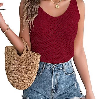 Women's V Neck Sleeveless Tank Tops Sweater Vest Crochet Hollow Out Summer Causal Knitted Top