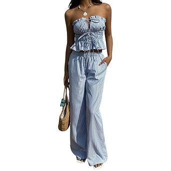 Women's Striped 2 pc Outfit Strapless Ruffle Crop Top & Wide-Leg Pants Set