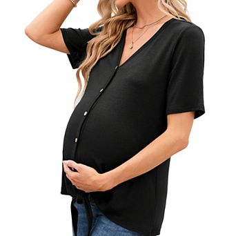 Women's Maternity Top V Neck Short Sleeve Button Front Pregnancy Shirt for Casual Daily Wear