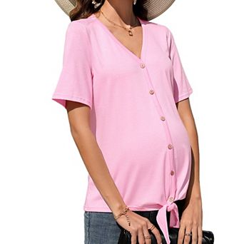 Women's Maternity Top V Neck Short Sleeve Button Front Pregnancy Shirt for Casual Daily Wear