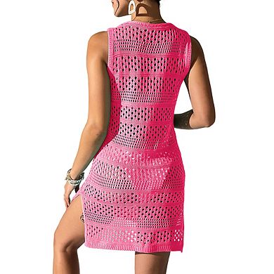Women's V Neck Sleeveless Open Knit Mini Dress Side Slit Cover Ups