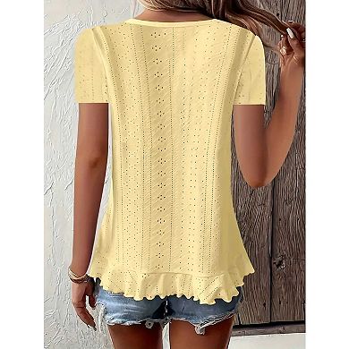 Women's Solid Eyelet Blouse with Scalloped Trim, V-Neck Short Sleeve Ruffled T-Shirt