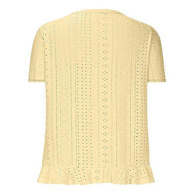 Women's Solid Eyelet Blouse with Scalloped Trim, V-Neck Short Sleeve Ruffled T-Shirt
